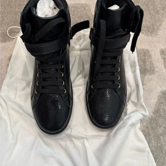 Versace Black and Gold High-Top Sneakers with Gold Hardware